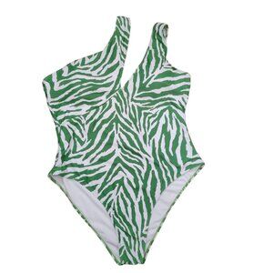 New! Shein Asymmetrical Shoulder Strap Green Zebra Print One Piece Swims…